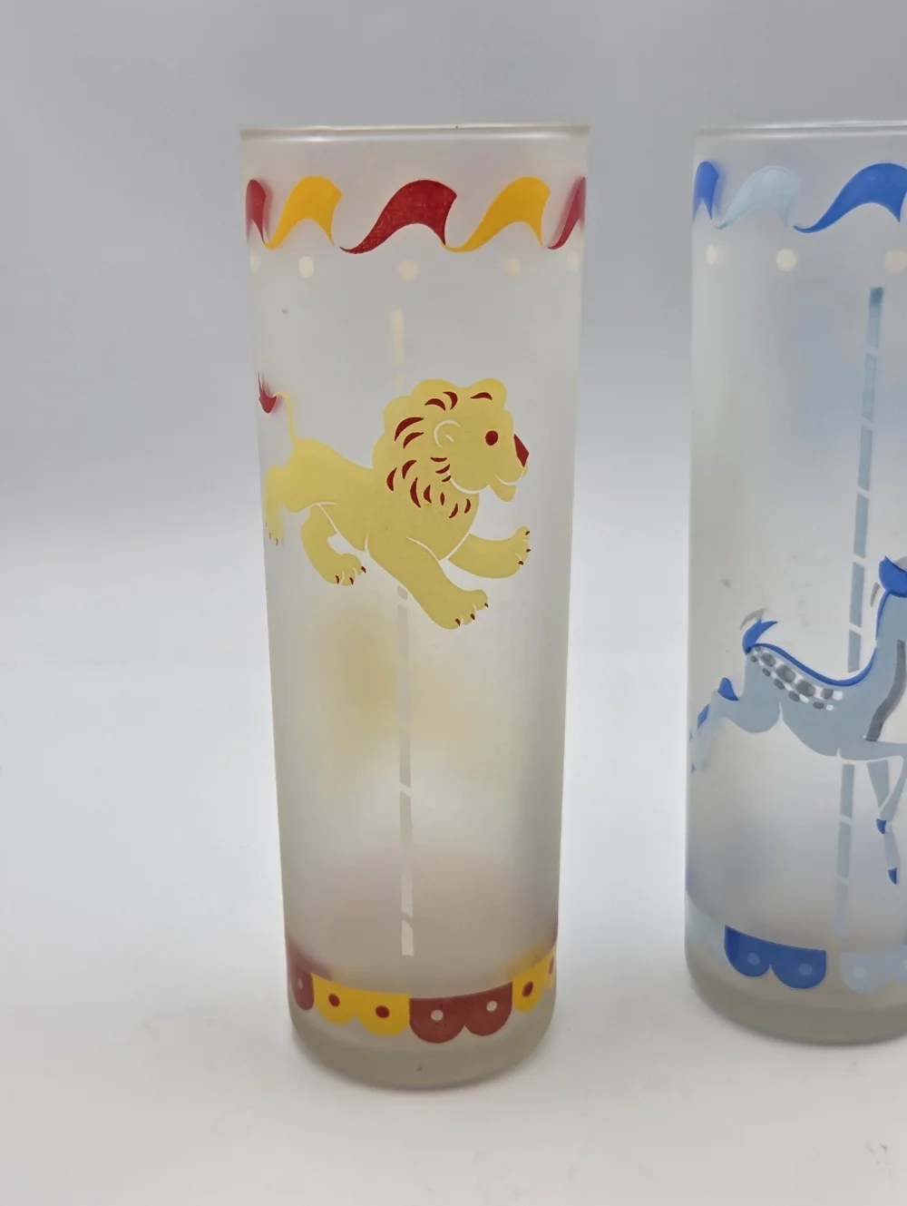 Libbey Frosted Carousel Tumblers Lion & Deer/Fawn Glass 7” Set Of 2